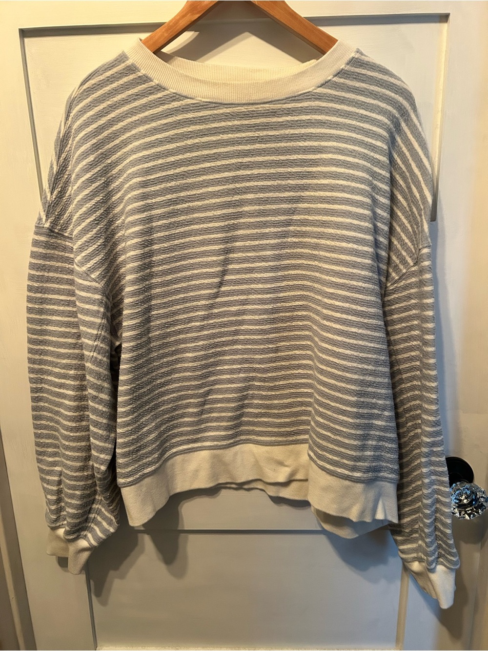 Women's striped crewneck blue and cream long sleeve lightweight knit sweater